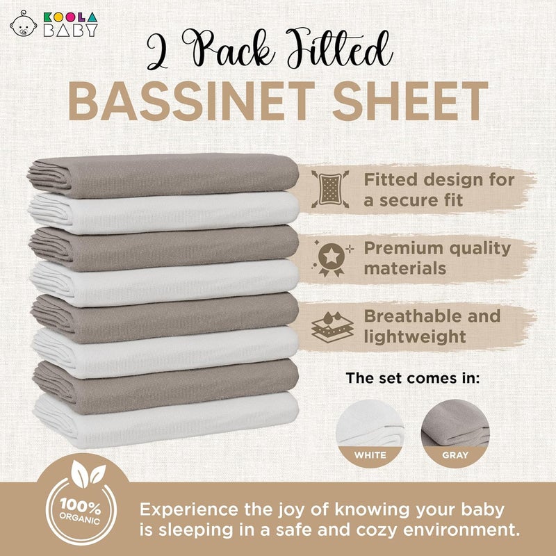 KoolerThings Bassinet Sheet for Bassinet Mattress - 100% Organic Jersey Knit Cotton - Snuggly Soft & Cozy Crib Sheets Fitted for Oval Rectangle & KoolaBaby Bedside Sleeper - White & Grey - 2 Pack (33 x 20) - Image 2